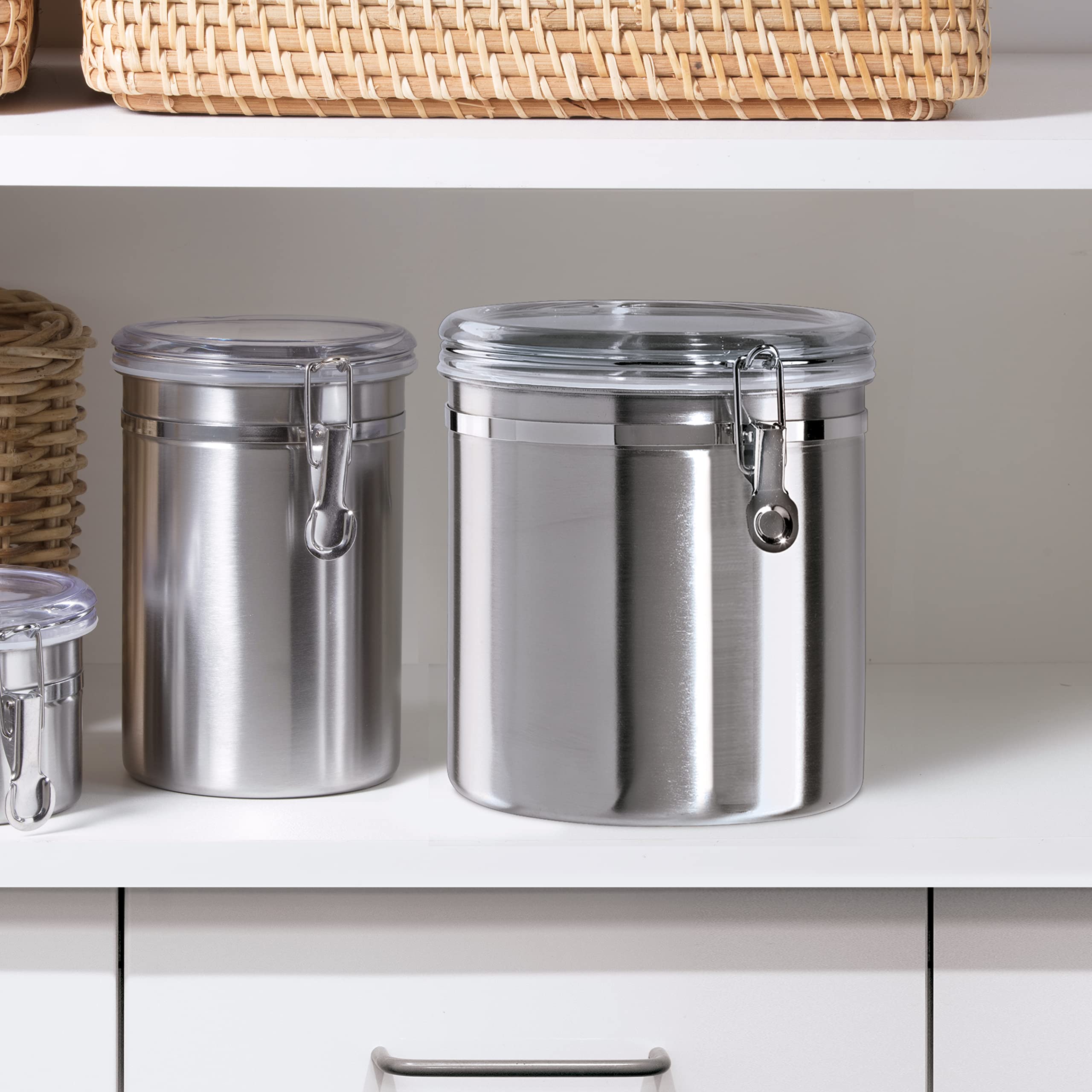 Oggi large canister stores pasta, rice, nuts and dried fruit neatly.