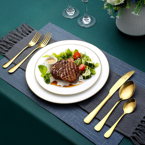OGORI 45-piece gold finish set is dishwasher safe for easy cleanup.