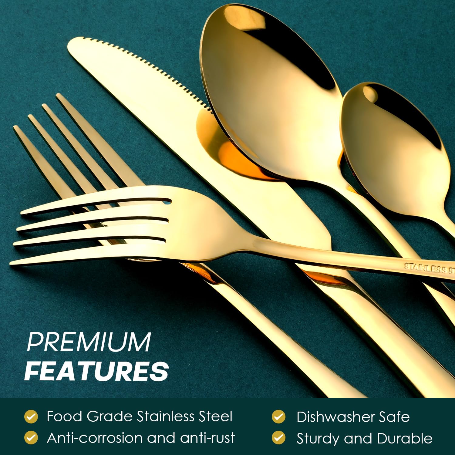 OGORI gold dinner spoons with balanced weight and smooth edges.