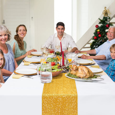 OGORI gold sequin table runner adds elegance to banquet layouts.