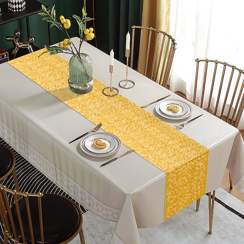 OGORI gold sequin table runner folds neatly for easy storage.