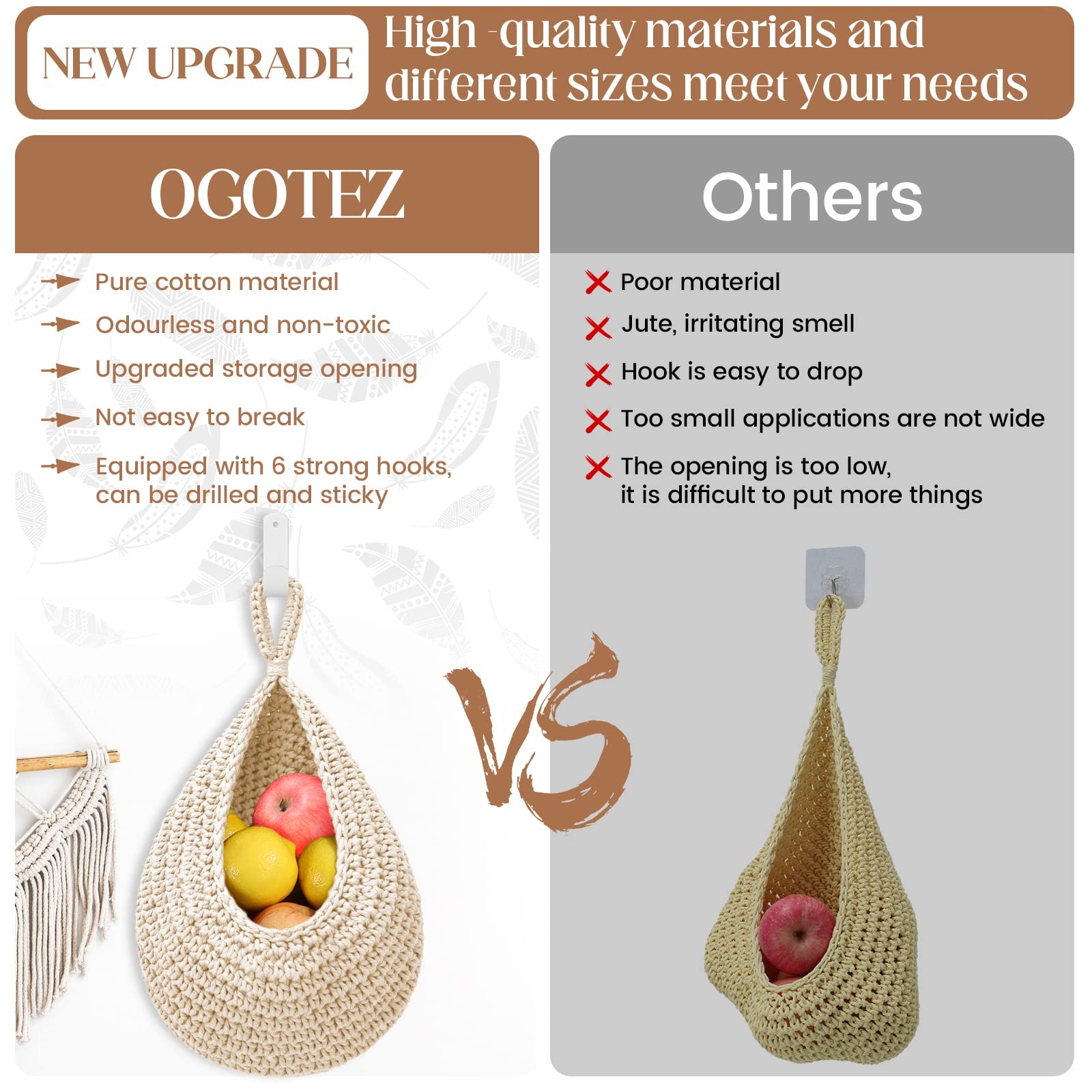 OGOTEZ Boho wall baskets in three sizes enhance pantry storage and decor.
