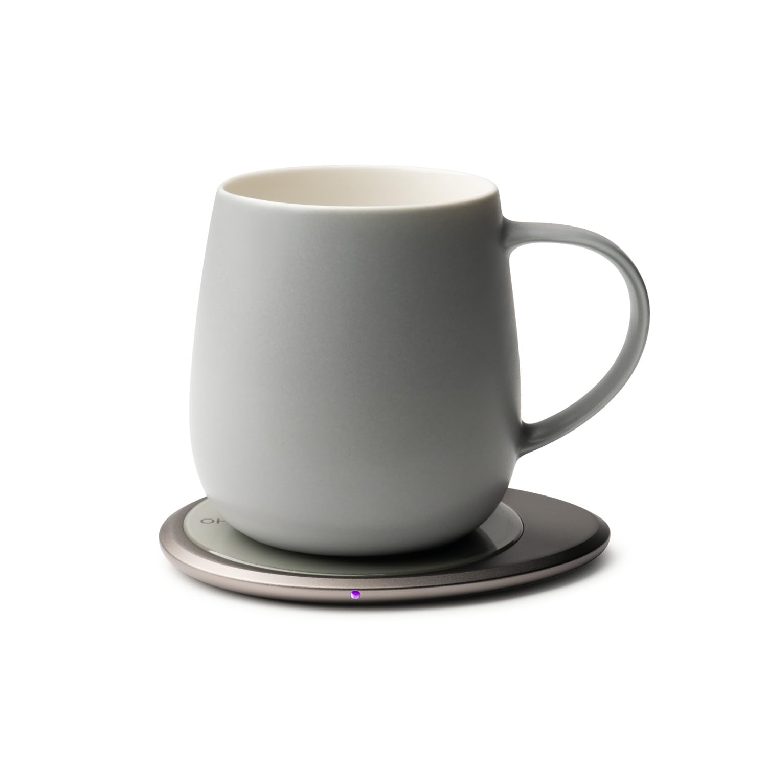 OHOM Ui 3 self-heating mug in soft gray 12 oz keeps coffee warm on demand.