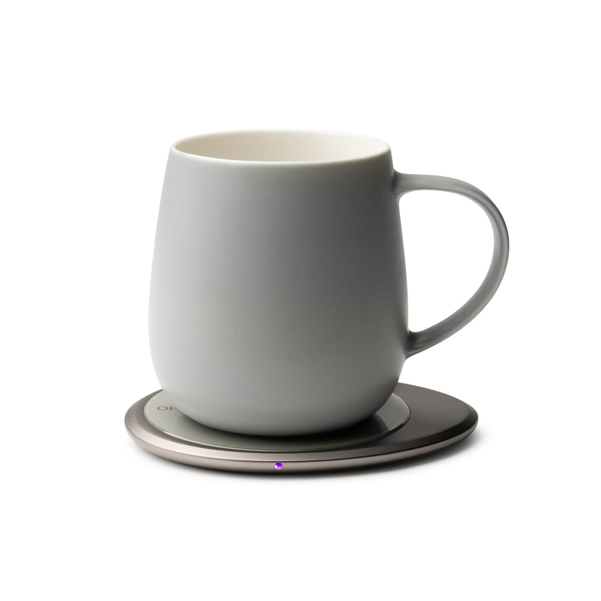 OHOM Ui 3 self-heating mug in soft gray 12 oz keeps coffee warm on demand.