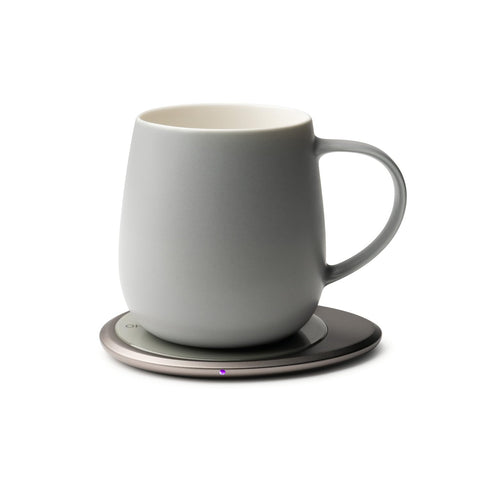 OHOM Ui 3 self-heating mug in soft gray 12 oz keeps coffee warm on demand.