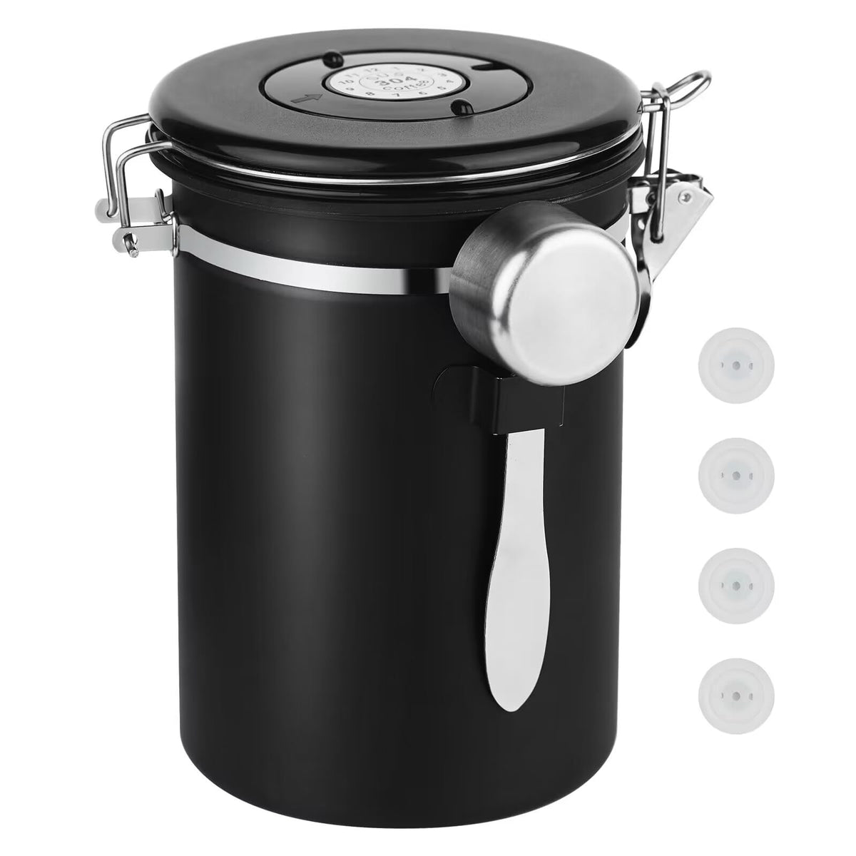 Ohtomber coffee canister 22oz keeps beans fresh with stainless steel body.