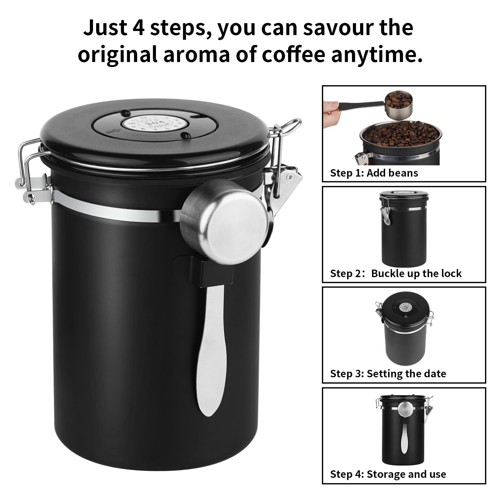 Versatile canister stores coffee, tea, sugar, nuts, cereals, and snacks.
