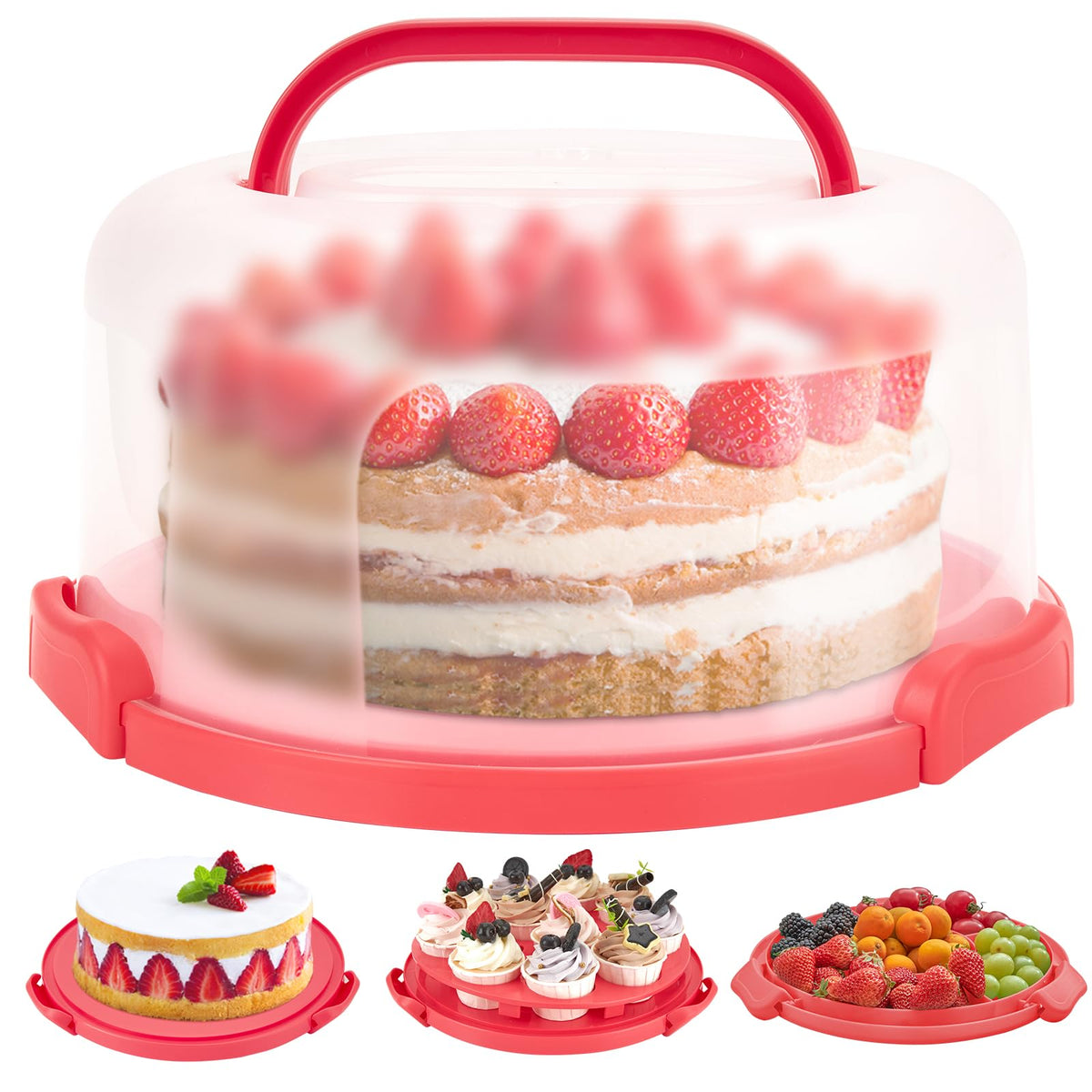Ohuhu cake carrier with lid and handle keeps cakes secure during transport.