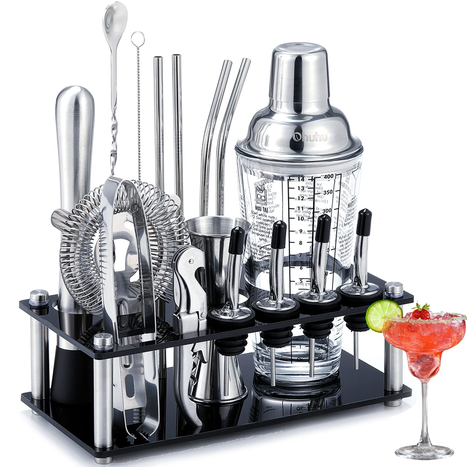 Ohuhu 400ml cocktail shaker with crystal-clear glass for precise mixing.