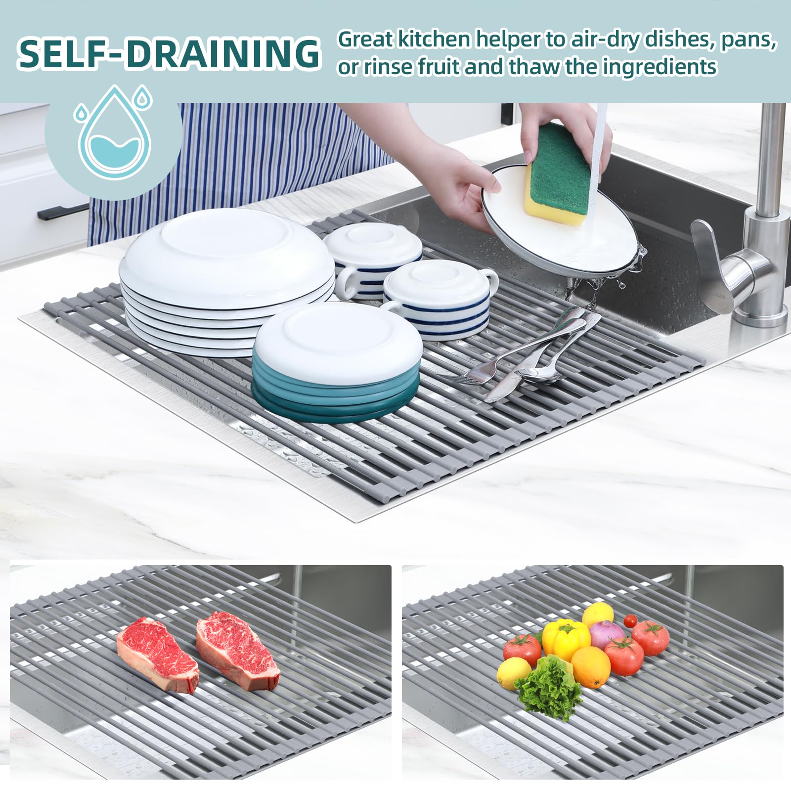 Ohuhu roll-up dish drainer mat with anti-slip silicone keeps dishes secure