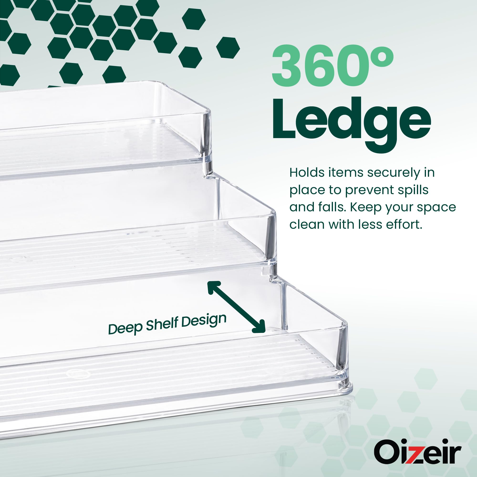 Oizeir 3-tier design with deep ledge prevents spills and keeps jars secure.