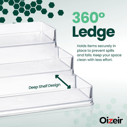 Oizeir 3-tier design with deep ledge prevents spills and keeps jars secure.