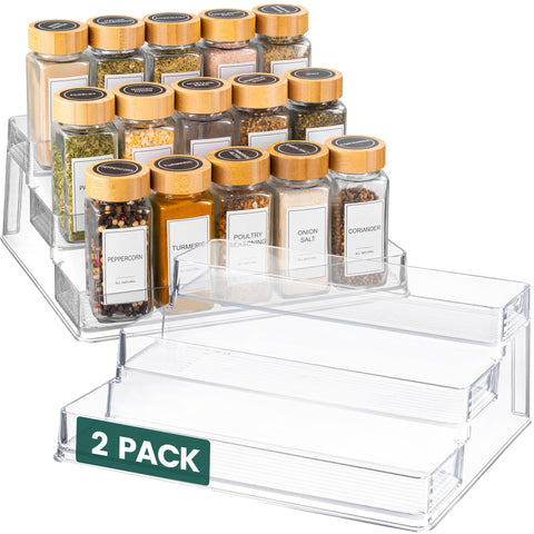 Oizeir Clear Spice Rack 3-tier neatly organizes jars on a kitchen shelf for easy pantry access.