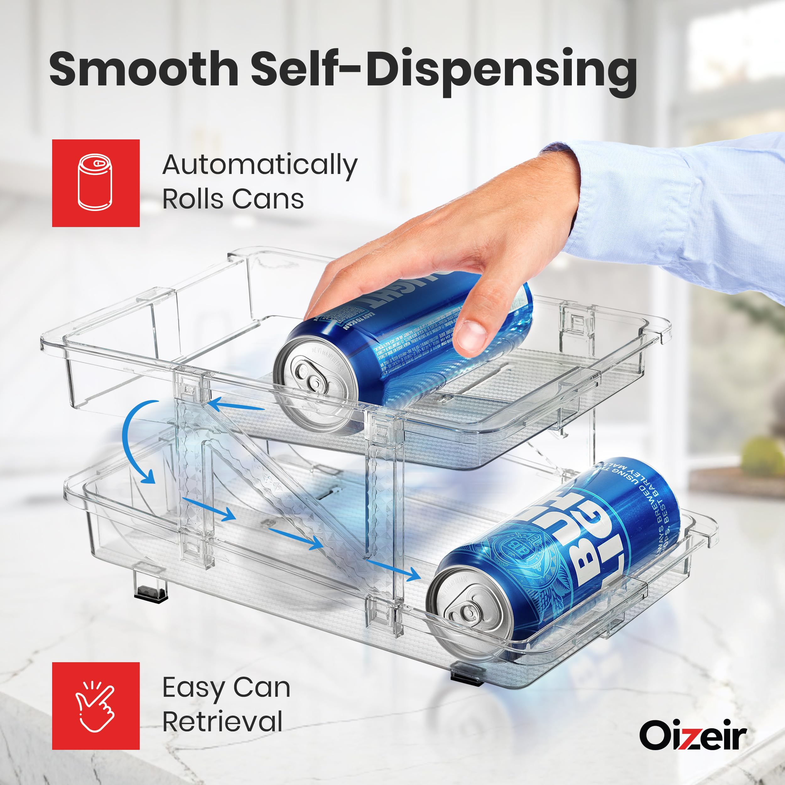 Oizeir expandable soda can dispenser, durable construction with non-slip feet for stability.