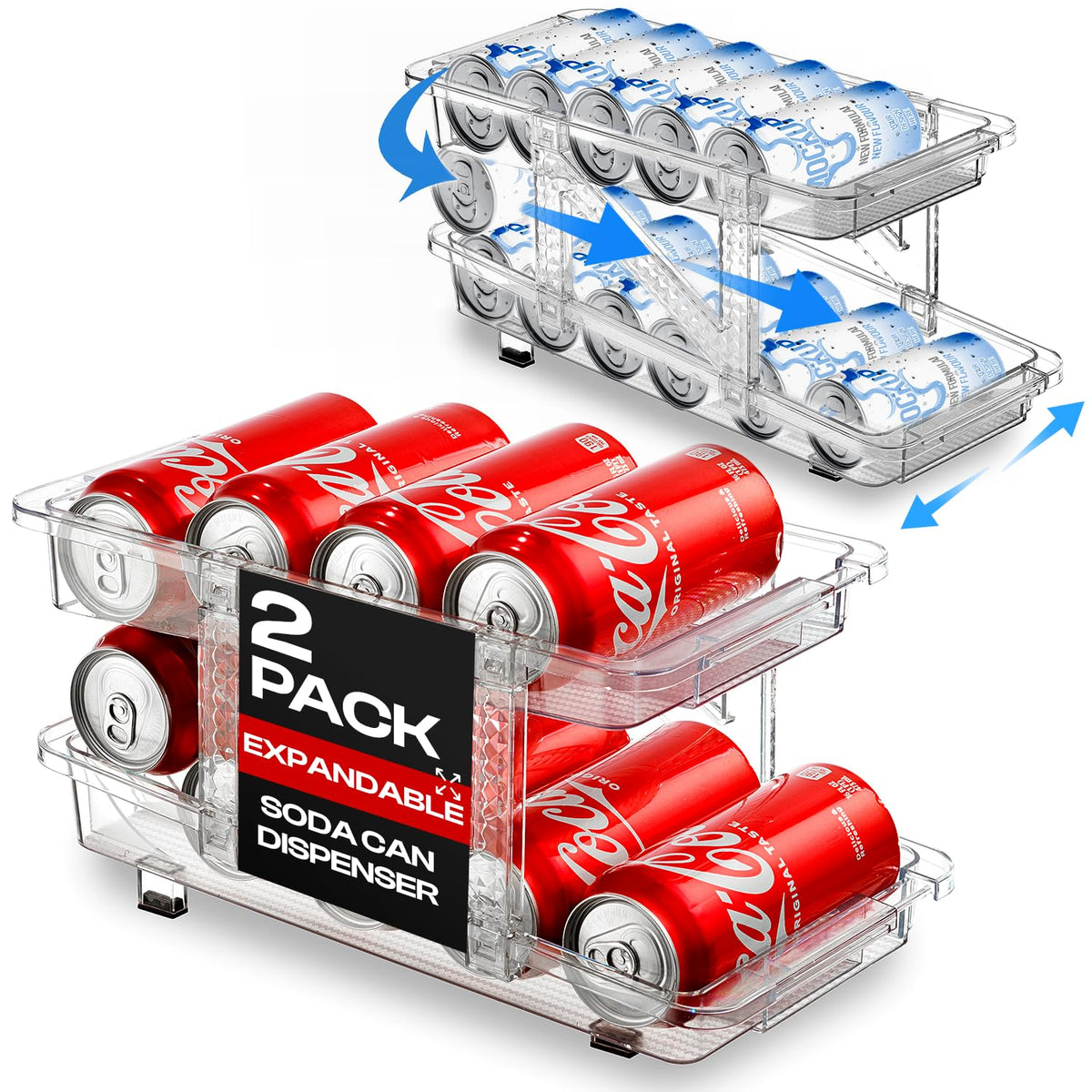 Oizeir expandable soda can dispenser, front view, keeps beverages organized.