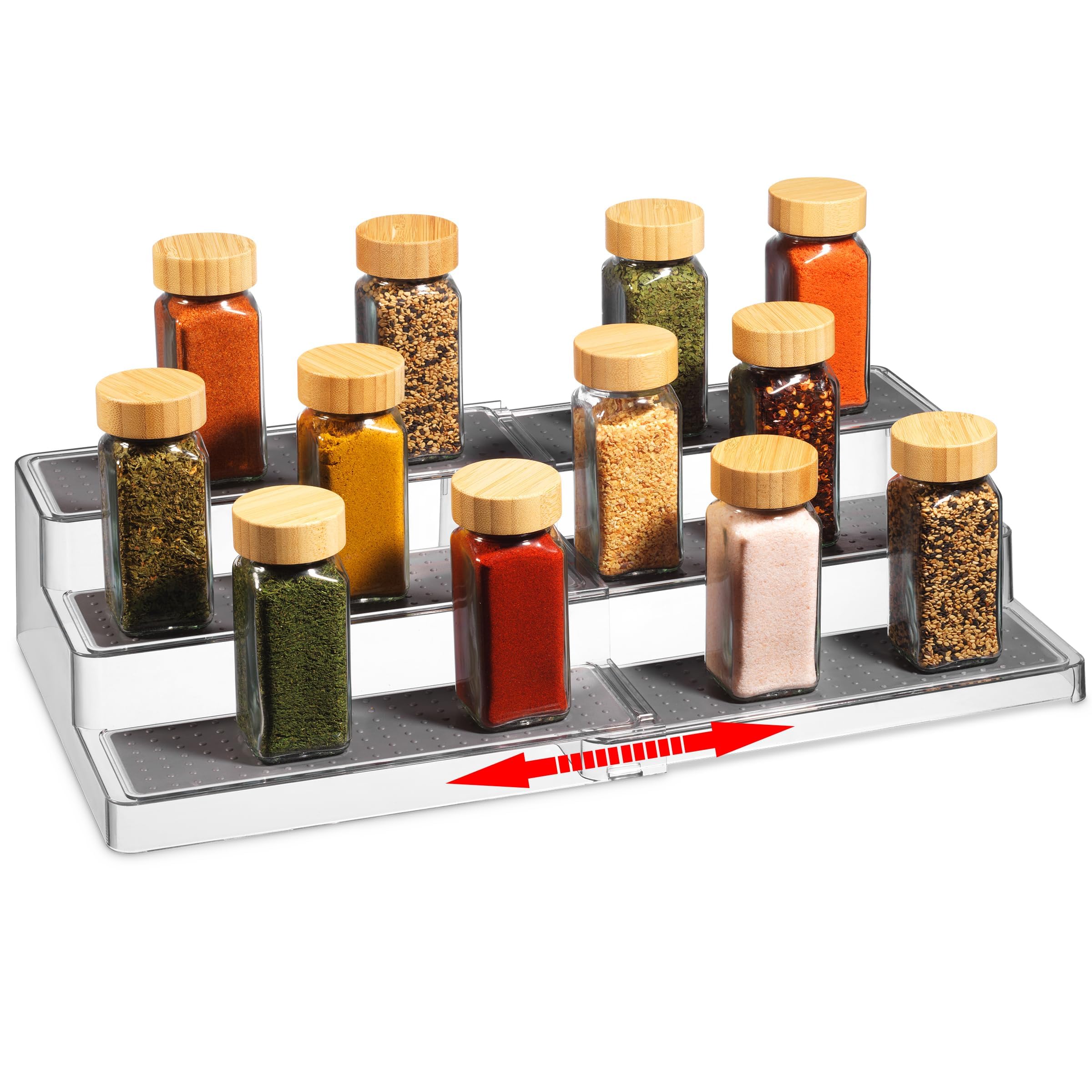 Oizeir expandable spice organizer rack front view with three clear tiers for easy access