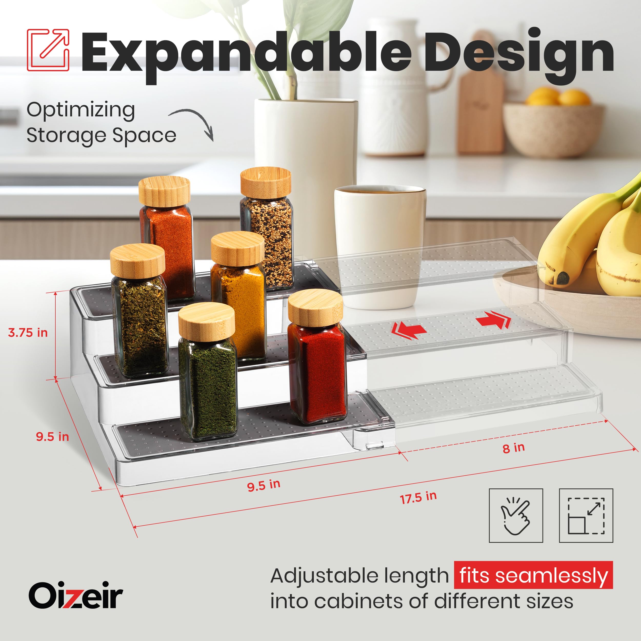 Oizeir expandable spice organizer rack extended length demonstrating cabinet fit