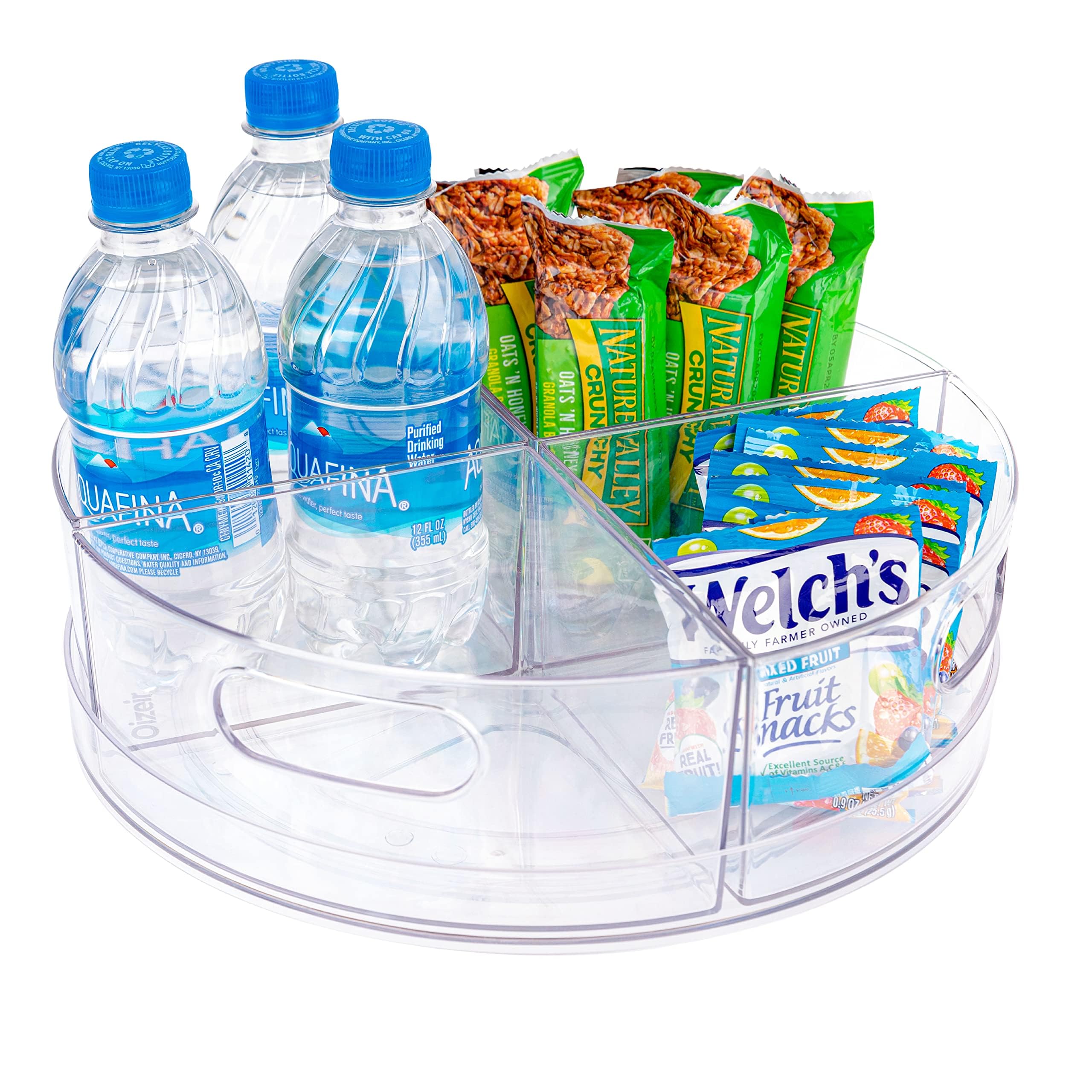 Oizeir Lazy Susan in clear acrylic with four sections for organized spice storage