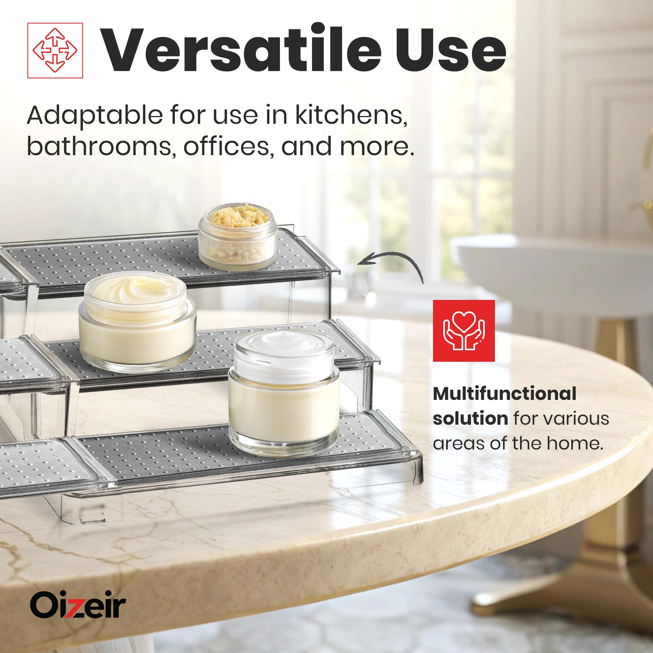 Oizeir rack showing back shelf visibility and easy reach of spices