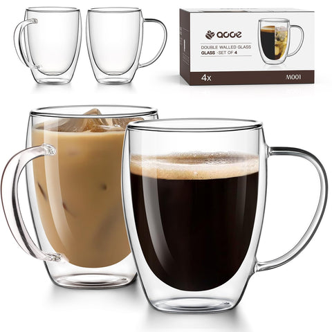 OJA double-wall glass mugs set of four for versatile hot and cold beverages.