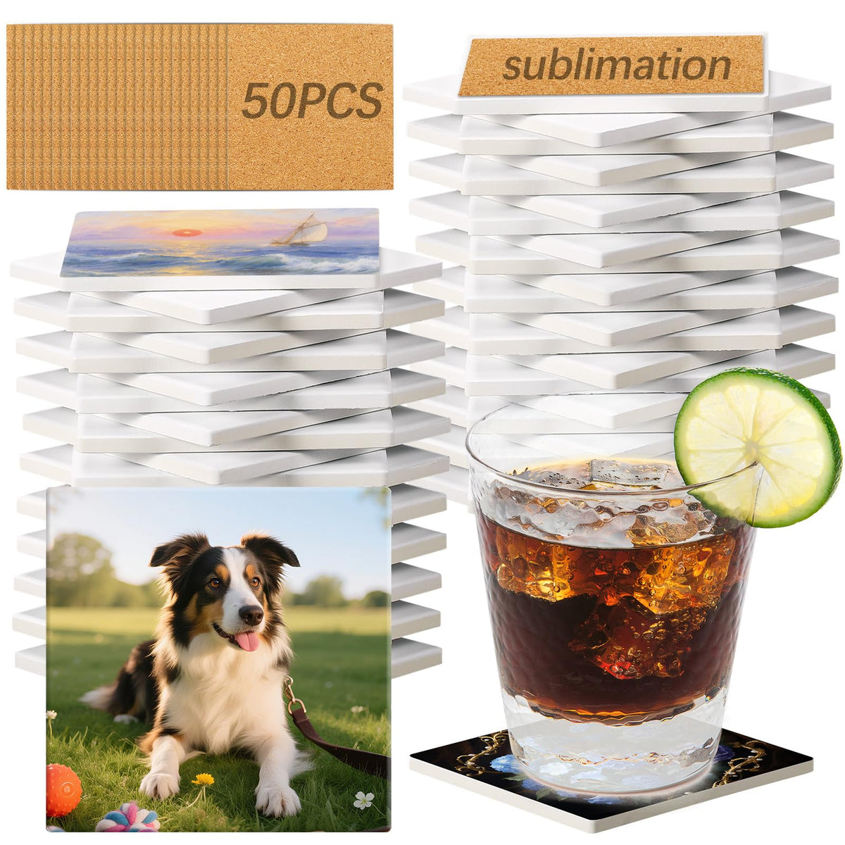 OKBA 50-pack square ceramic coaster with cork back, ideal for sublimation projects.