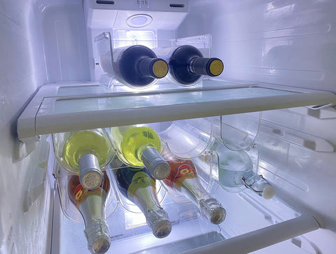 OKITCHEN rack fits in fridge or pantry to maximize vertical storage.