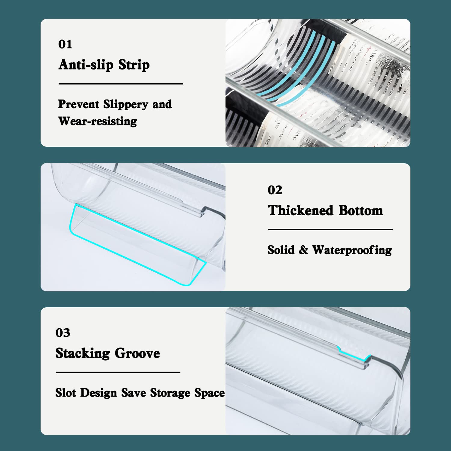 OKITCHEN stackable design provides stable anti-slip storage for glass bottles.