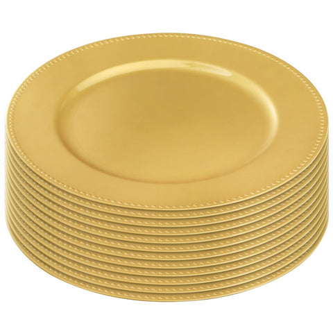 Okllen catering event charger plates in gold add upscale ambience.