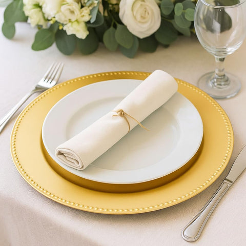 Okllen dining table charger plate with gold beaded trim for refined tables.