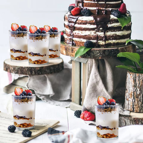 Okllen round dessert shooters ideal for chocolate, mousse, or parfait servings.