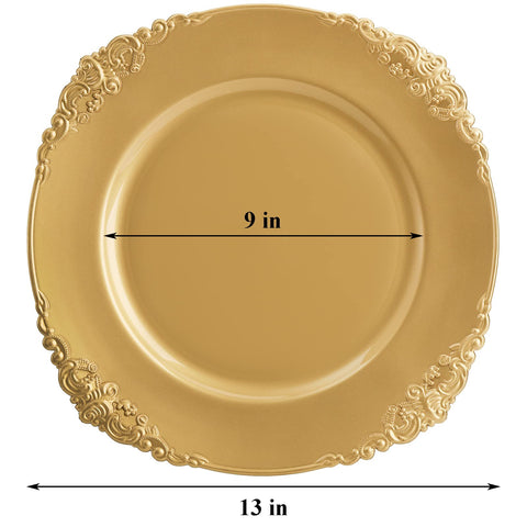 Okllen 12-pack gold charger plates set for fine dining events.