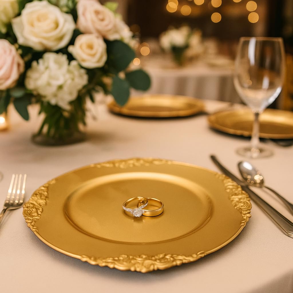 Okllen close-up shows the gold floral trims on a charger plate.