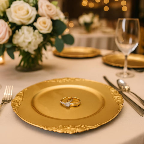 Okllen close-up shows the gold floral trims on a charger plate.