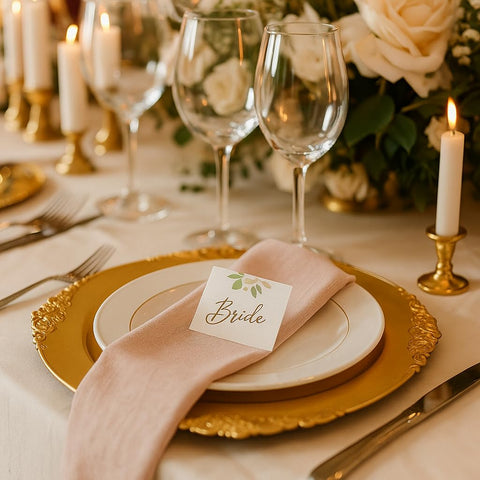 Okllen gold charger plates for hotel and restaurant settings.