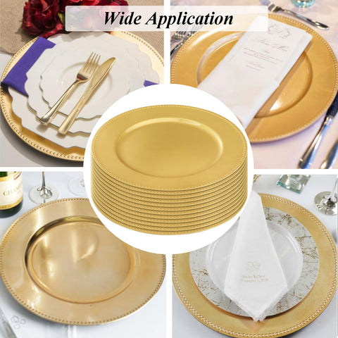 Okllen hotel banquet charger plate, gold with intricate edge design.