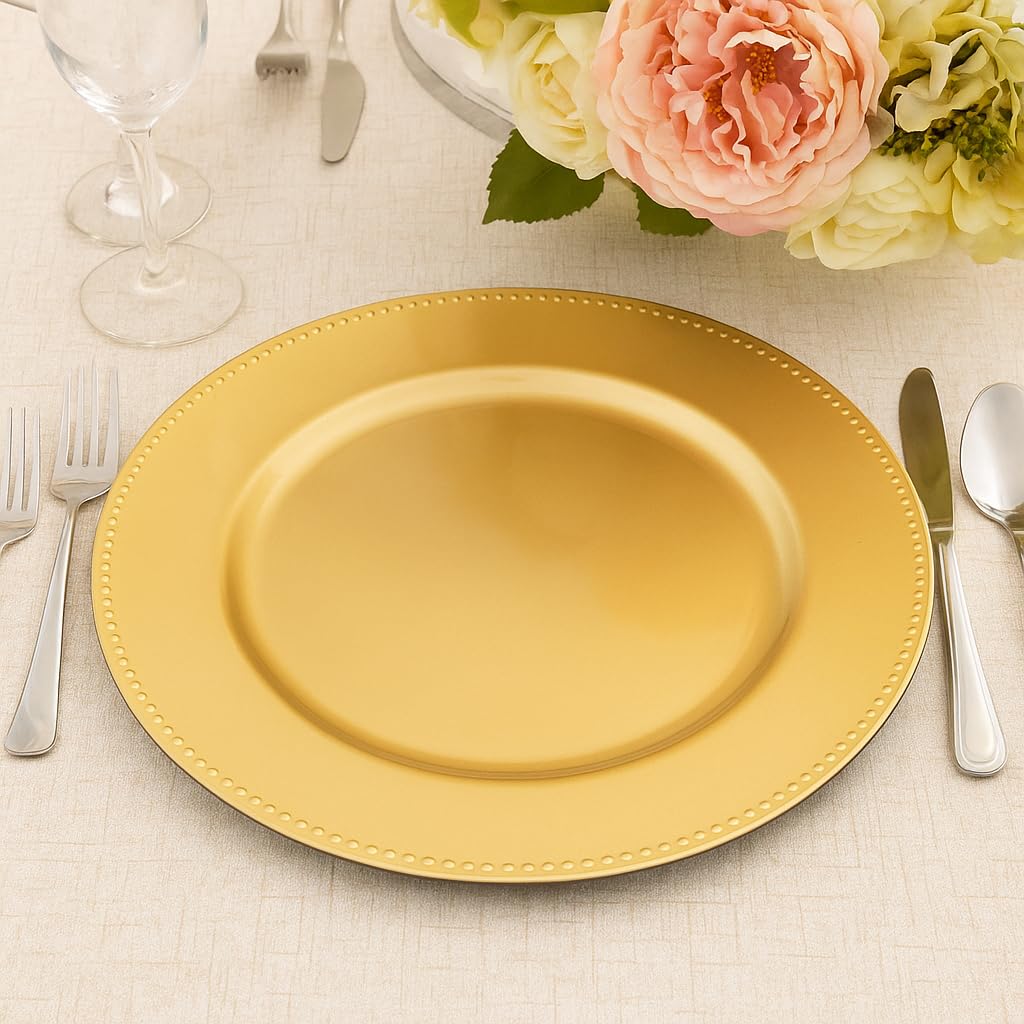 Okllen outdoor reception charger plate in gold with beaded edge.