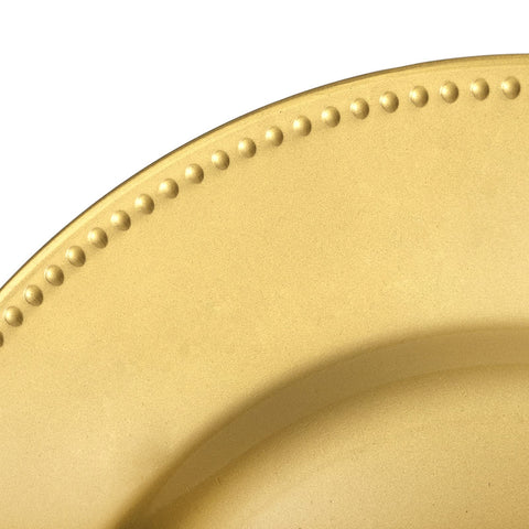 Durable Okllen plastic gold charger plate with 13-inch round shape.
