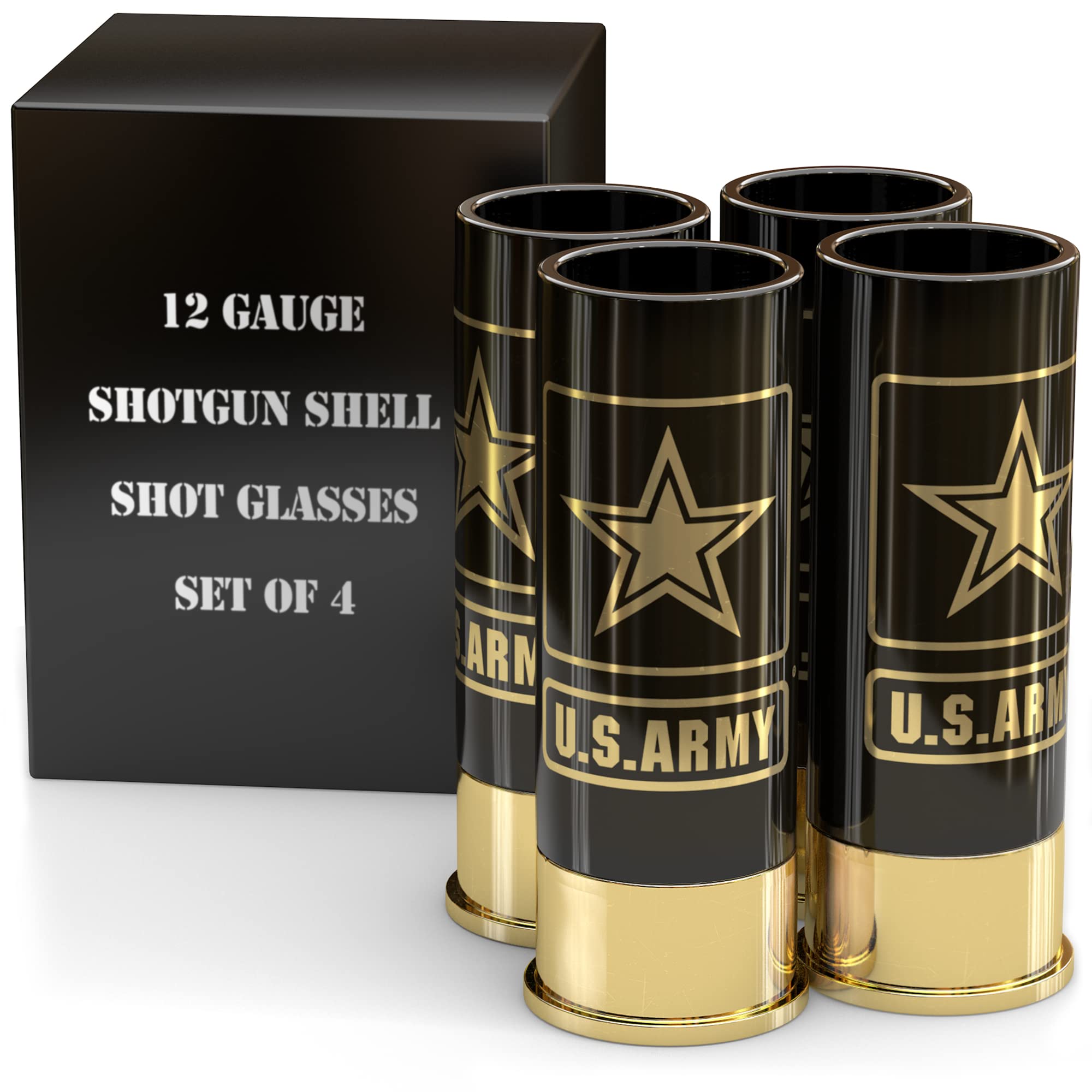 Old Southern Brass Army shot glasses 4-pack close-up, officially licensed, ideal for veterans events