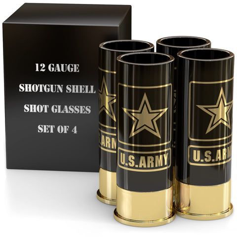 Old Southern Brass Army shot glasses 4-pack close-up, officially licensed, ideal for veterans events