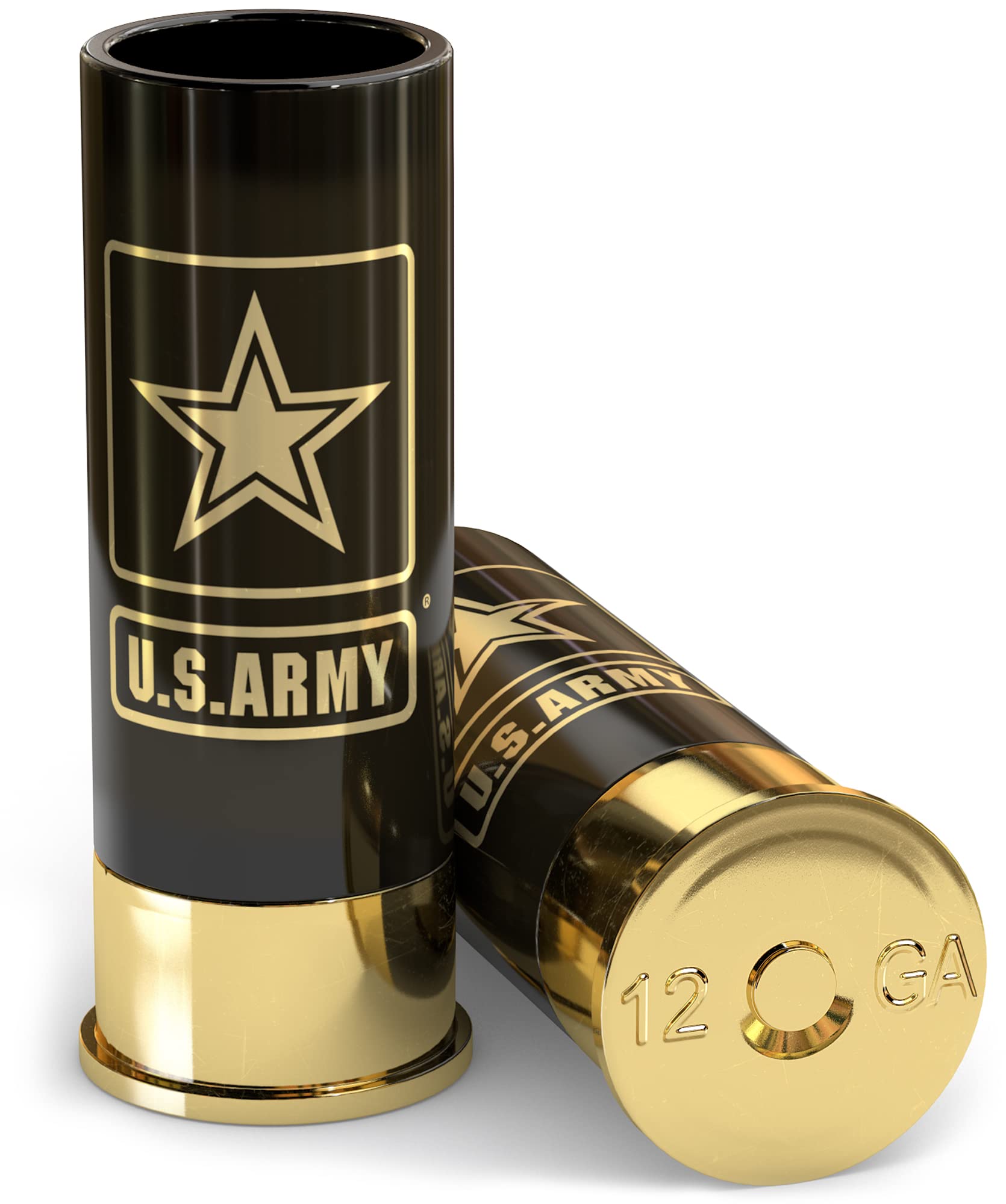 Old Southern Brass Army shot glasses 4-pack front view, sturdy plastic for reliable toasts