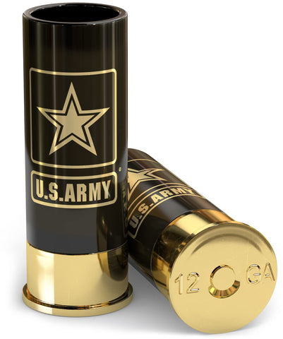 Old Southern Brass Army shot glasses 4-pack front view, sturdy plastic for reliable toasts