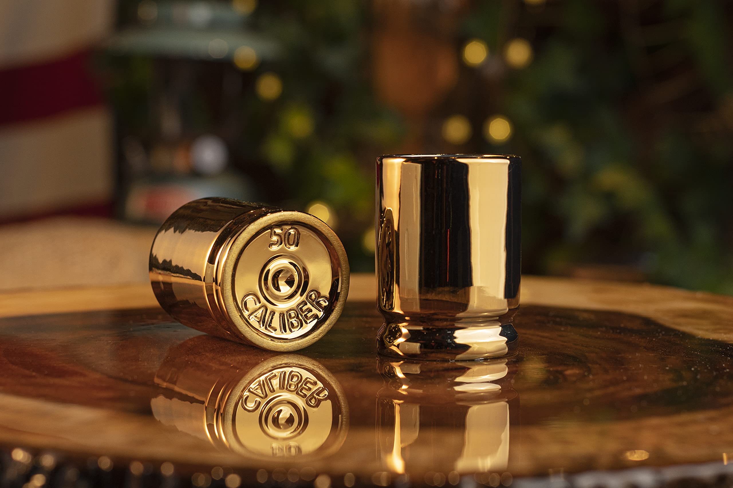 Old Southern Brass gold-finish shot glass adds premium touches to celebrations.