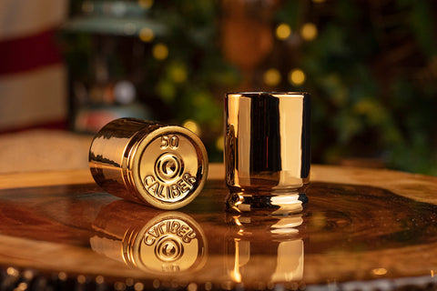 Old Southern Brass gold-finish shot glass adds premium touches to celebrations.
