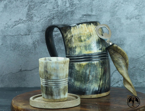 OLDEMPEROR horn mug close-up reveals natural color variations and texture.