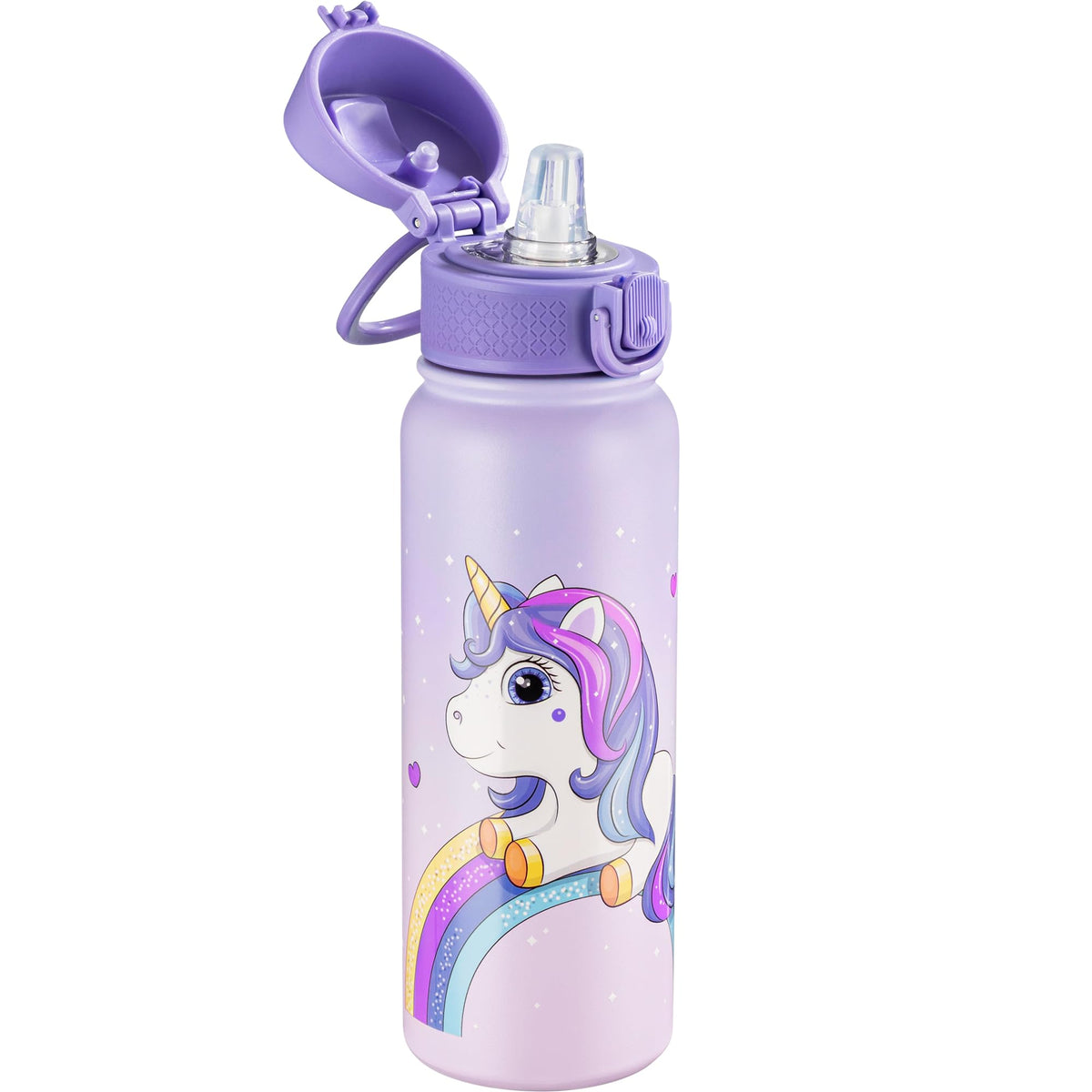 Oldley 20oz kids bottle front view with unicorn design, ideal for school days.