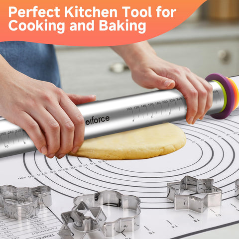 Olforce rolling pin with four-color thickness rings for precise dough heights.