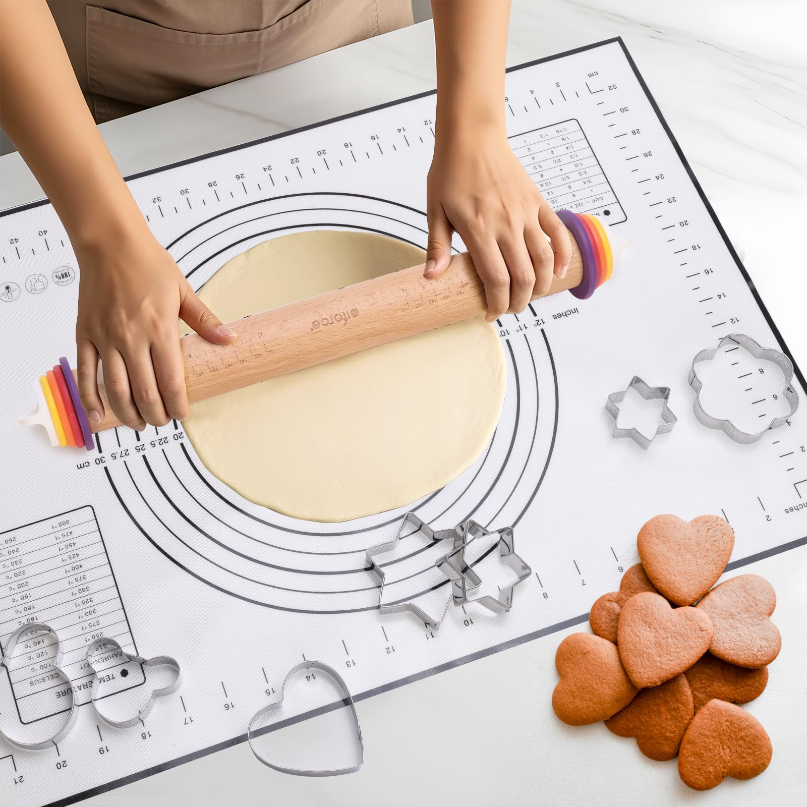 Olforce gift-ready set for bakers with pin, rings, mat, and molds.
