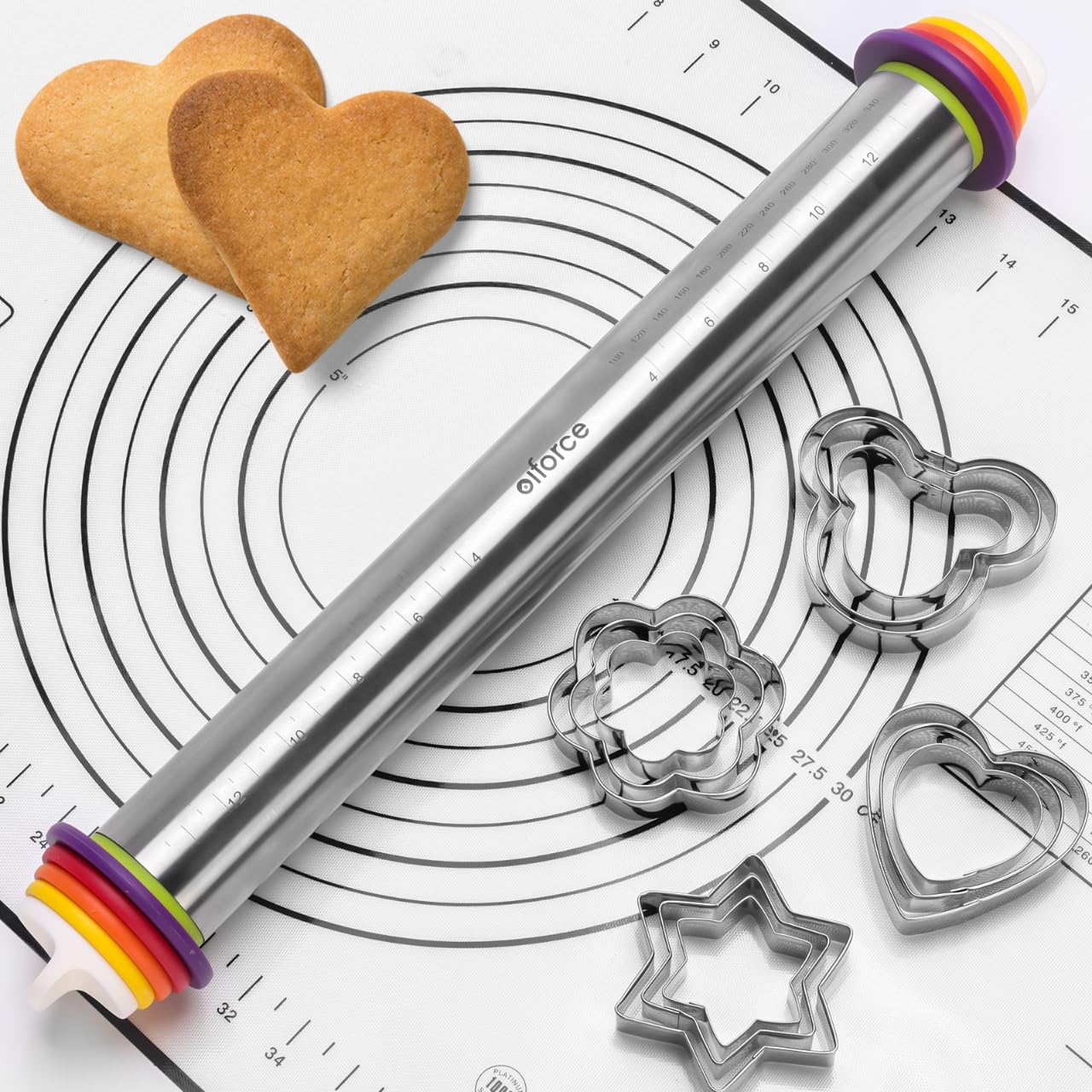 Olforce rolling pin with rings for even dough thickness.