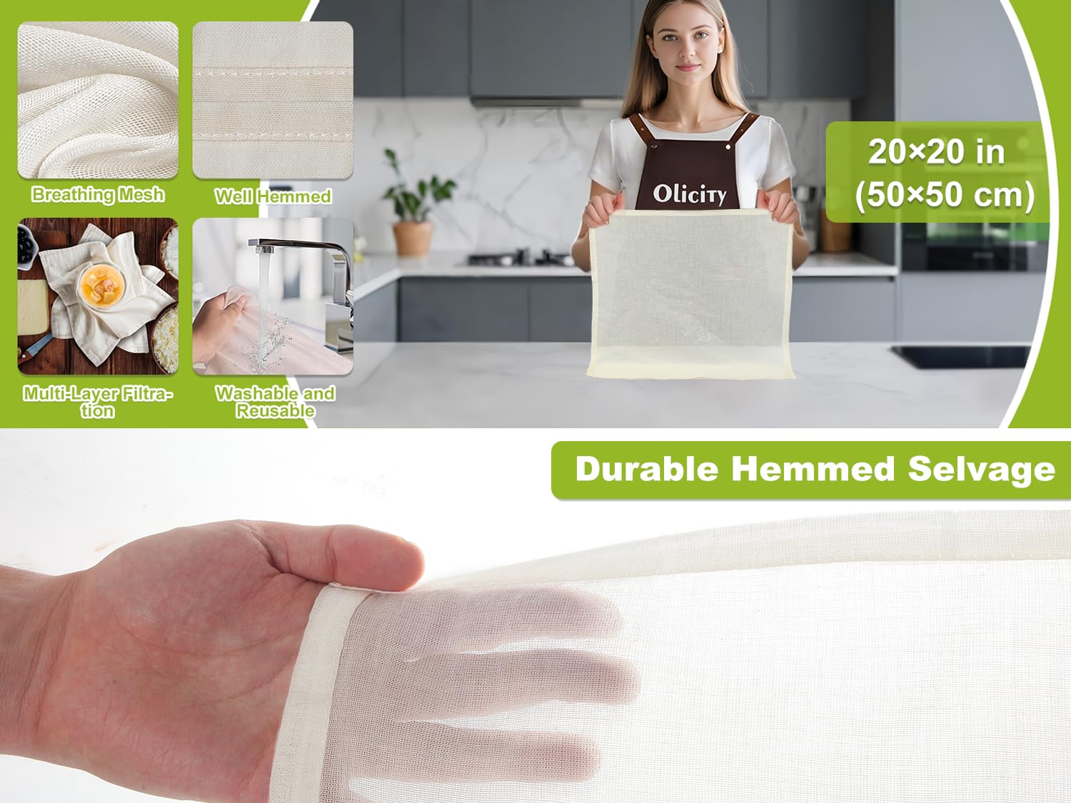Olicity organic cheese cloth no-shed lint protects food quality.