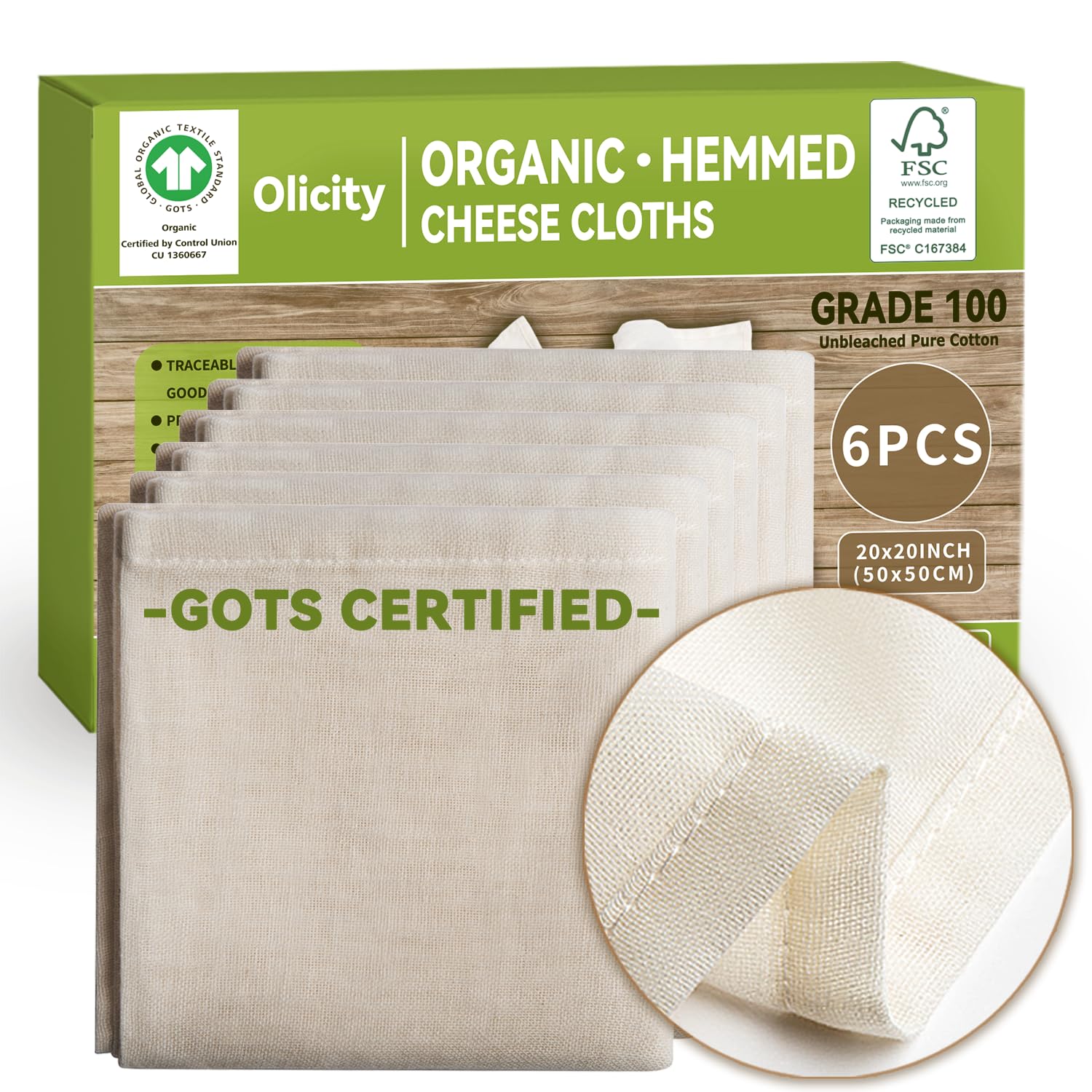 Olicity organic cheese cloth precut 20x20 for quick, easy straining.